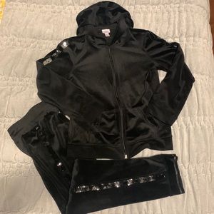 Velour Soft 2pc Track Set Pants Hoodie Zip Jacket Black Flip Sequins Girls M 7/8